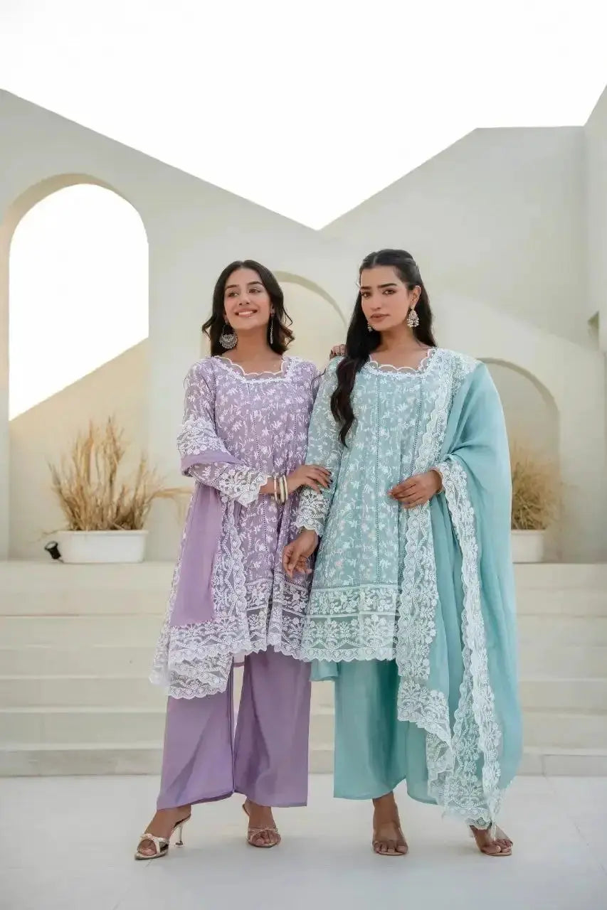 Lavender Sequins Suit and Sky Blue Suit walking pose
